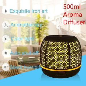 500ML Capacity Essential Oil Diffuser Iron Material Ultrasonic Aromatherapy Dry Burning Prevention LED Color Lamp For Bedroom